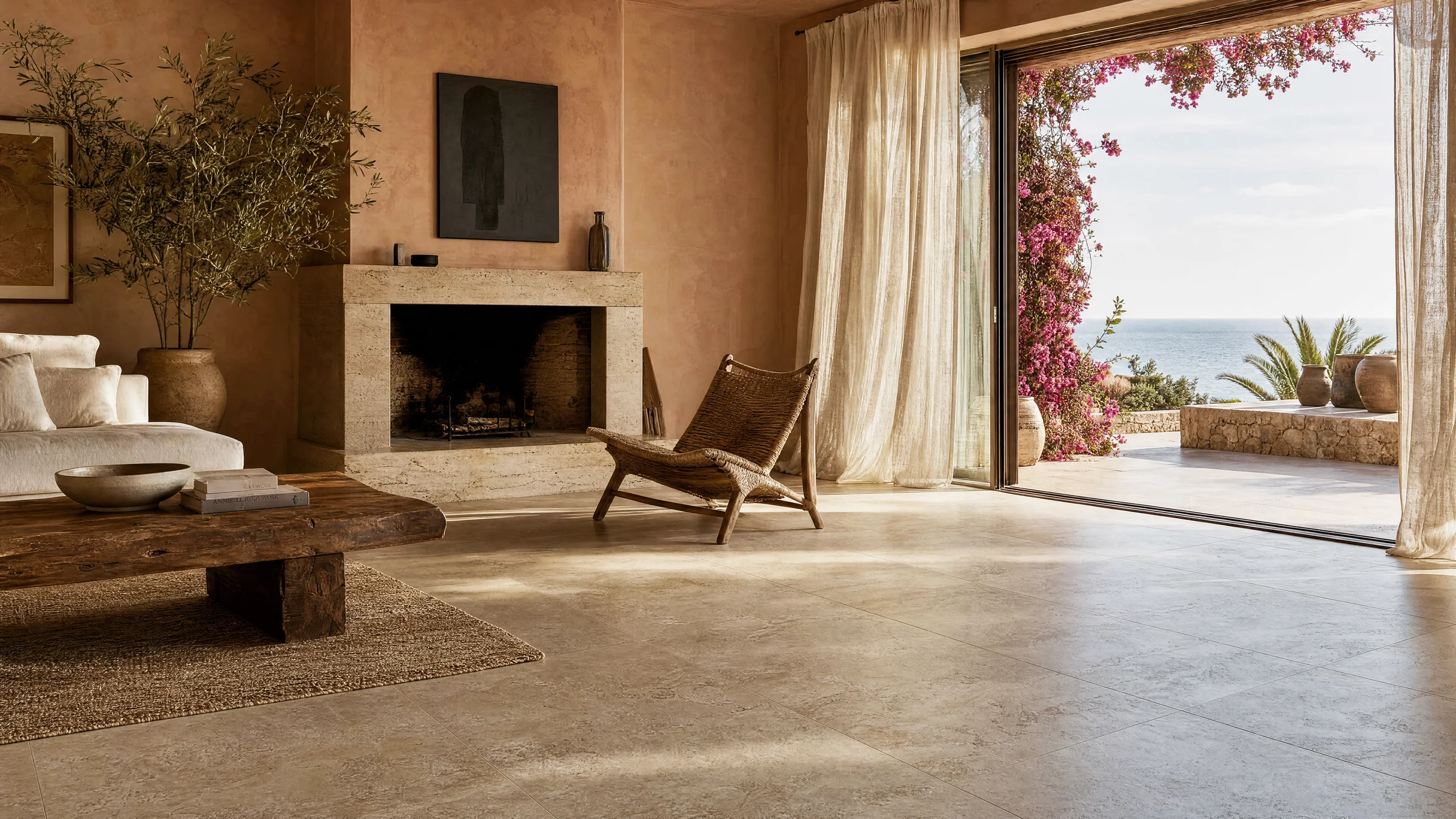 Salón con suelo de porcelánico travertino y vista al mar a través de una puerta corredera, imagen de referencia